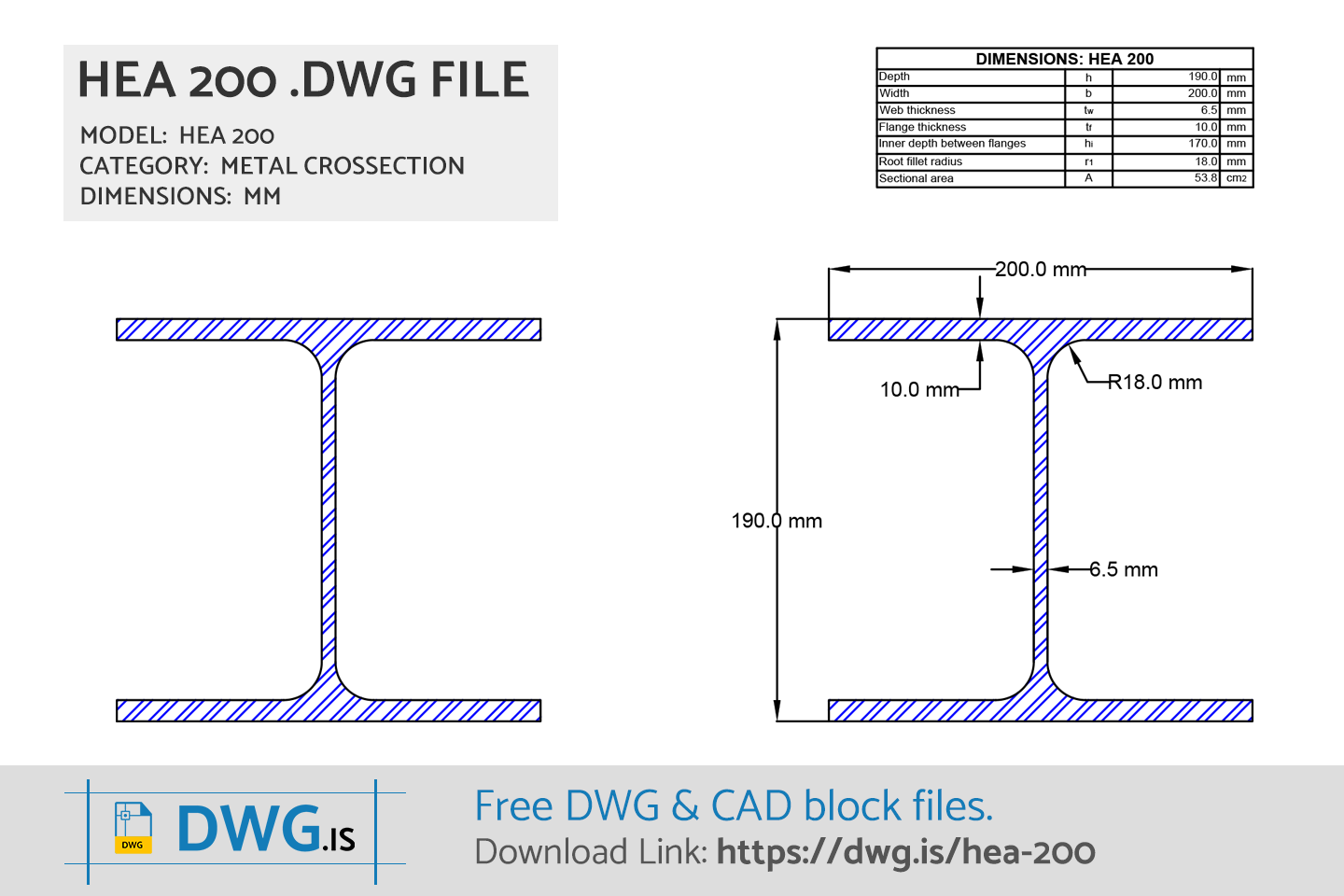 HEA 200 Free CAD block, DWG File