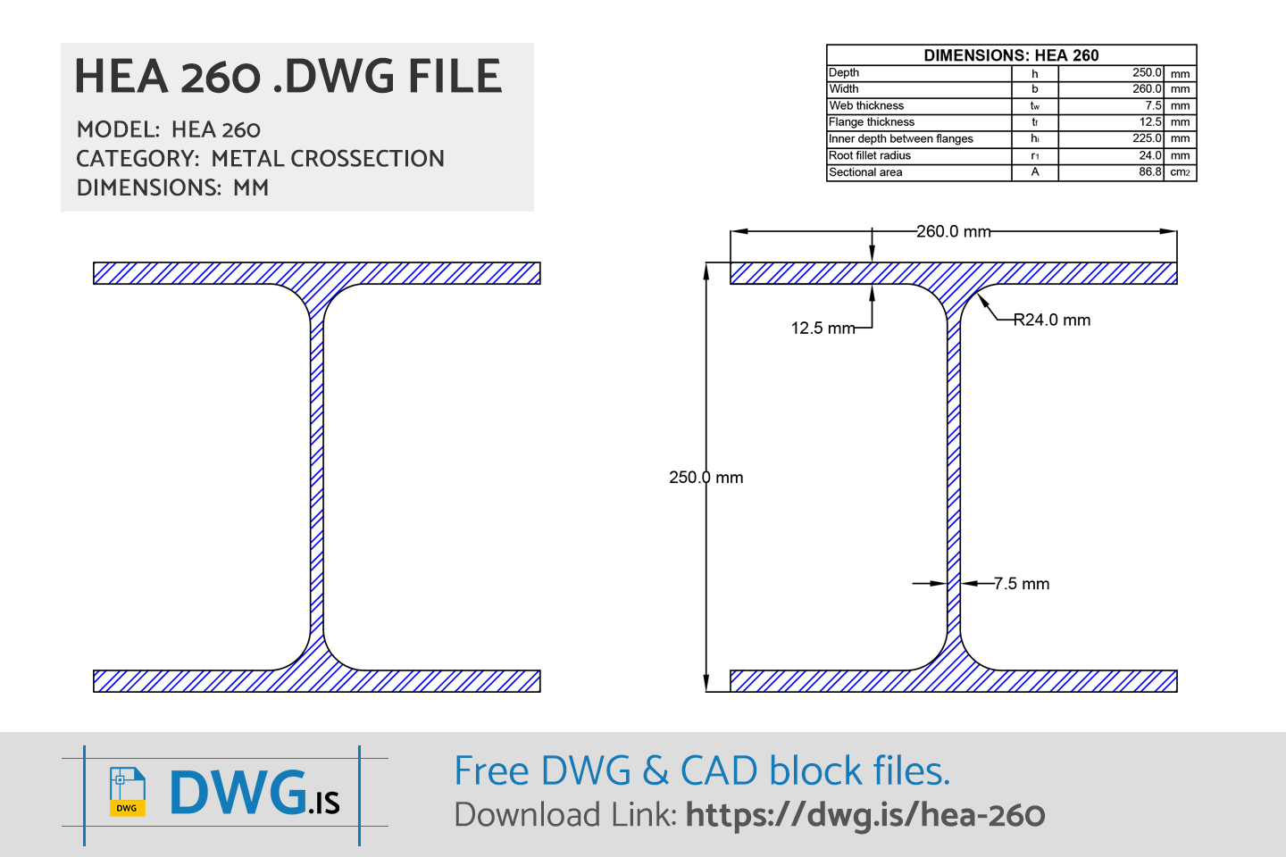 HEA 260 Free CAD block, DWG File