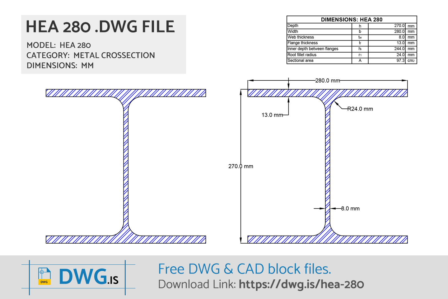 HEA 280 Free CAD block, DWG File