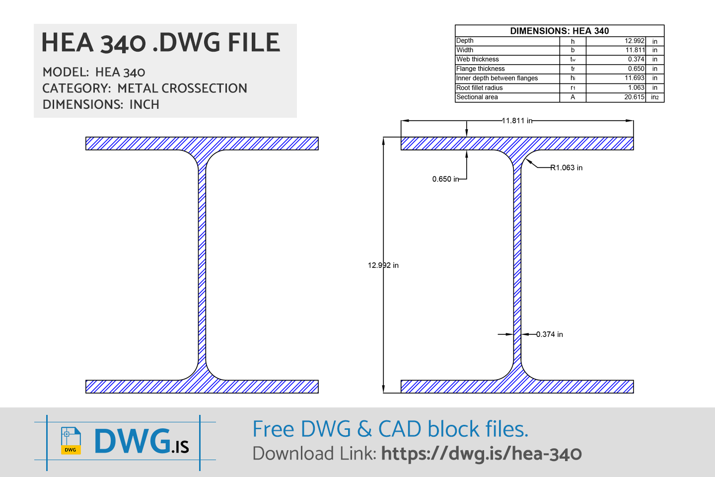 HEA 340 Free CAD block