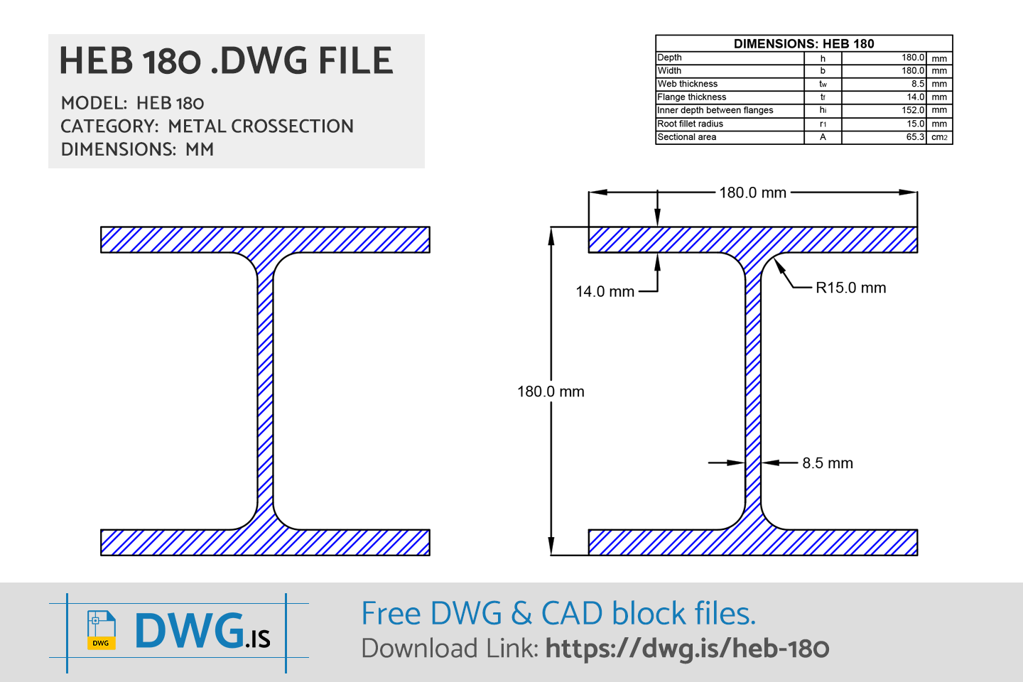 HEB 180 Free CAD block, DWG File