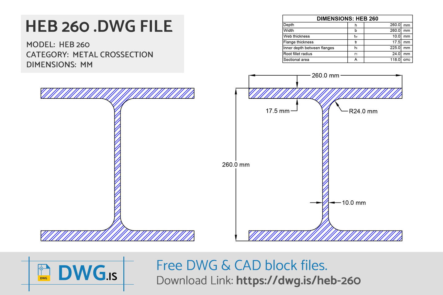 HEB 260 Free CAD block, DWG File