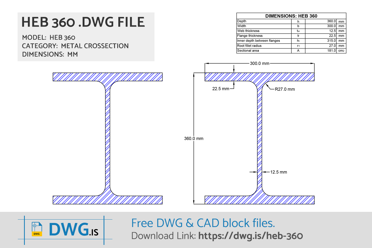 HEB 360 Free CAD block, DWG File