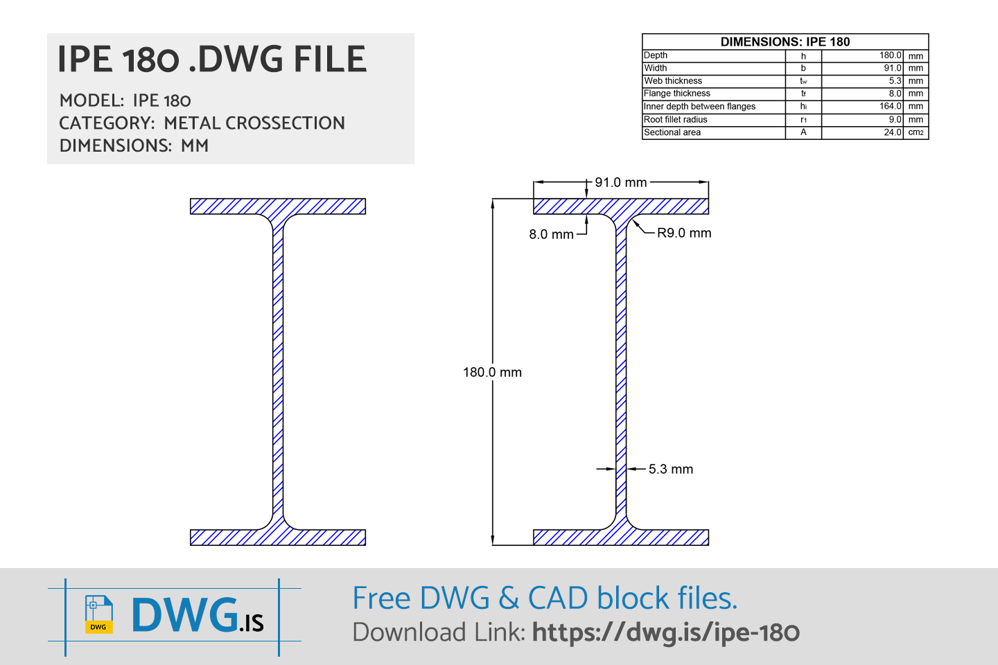 IPE 180 Free CAD block, DWG File